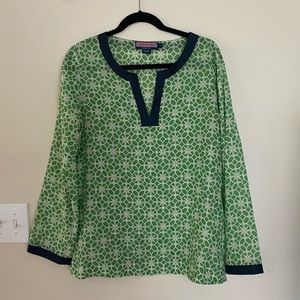 Vineyard Vines Large Green Blue White Cotton Silk V neck Tunic
